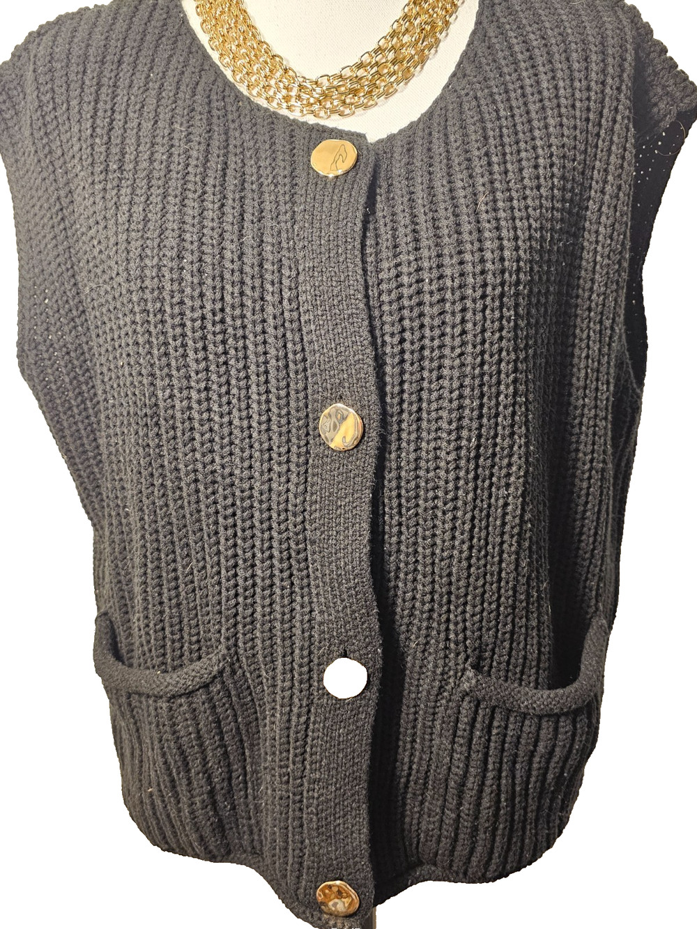 Pretty Garden Womens Black Button Down Chunky Knit Cardigan Sleeveless Vest XXL